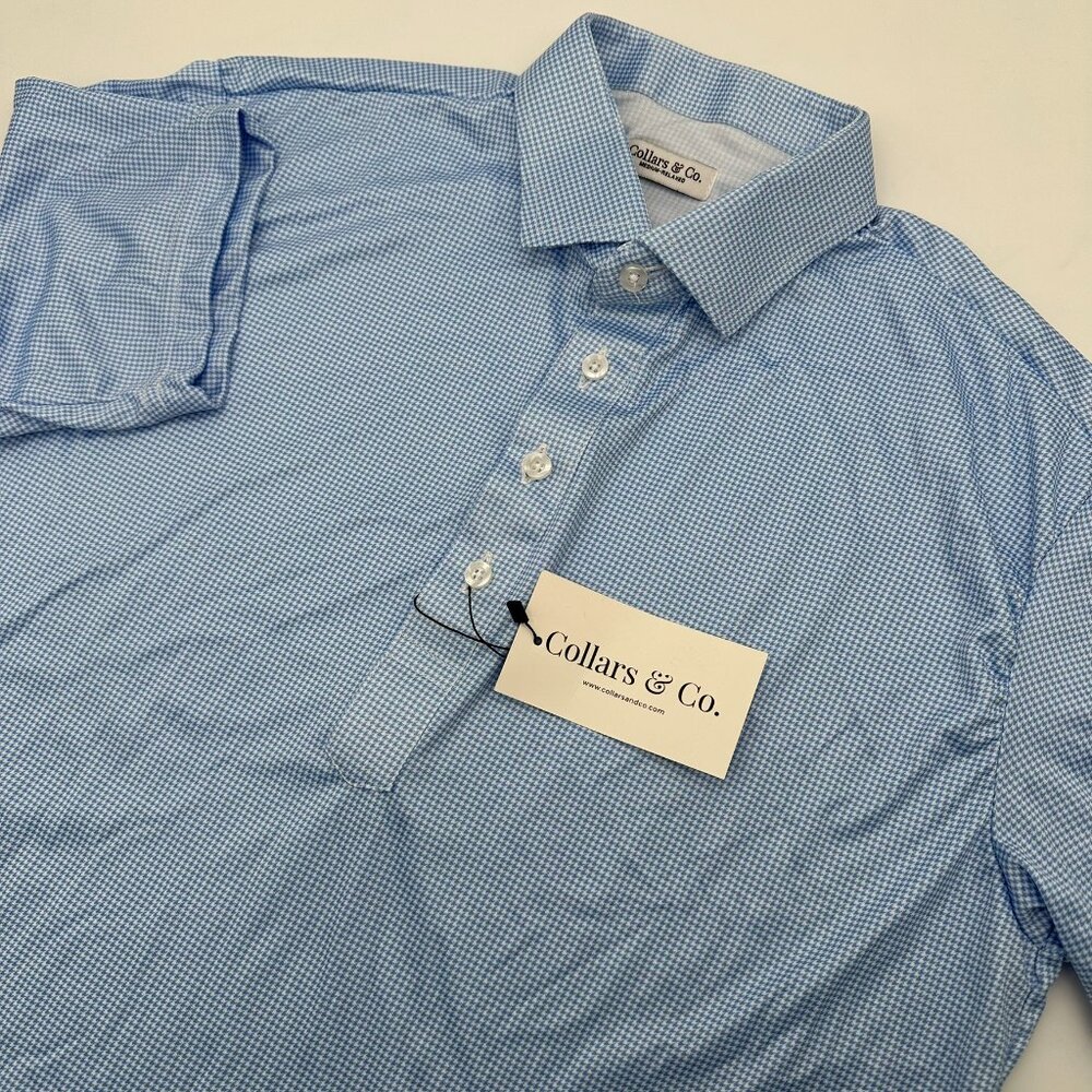 Collars & Co Men's Semi-Spread Collar Relaxed Fit Dress Polo, Blue Houndstooth